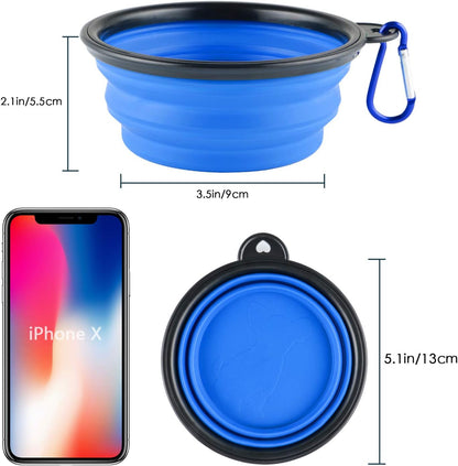 Collapsible Silicone Dog Bowls, 3-Pack Travel Pet Food Water Bowls | Orange, Green & Blue. 5.1 in Wide, 2.1 in Tall, Folds to 0.5 In. Holds 12 Oz Water or 1.5 Cups Food. Includes ID Tag.2