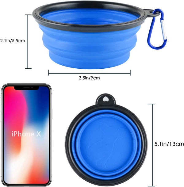 Collapsible Silicone Dog Bowls, 3-Pack Travel Pet Food Water Bowls | Orange, Green & Blue. 5.1 in Wide, 2.1 in Tall, Folds to 0.5 In. Holds 12 Oz Water or 1.5 Cups Food. Includes ID Tag.2