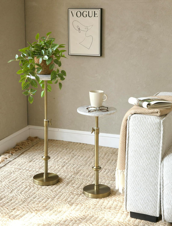 Adjustable 10" White Marble Drink Table with 2 Coasters, Antique Brass⁠ | Adjustable 10" round Martini End Table & Pedestal Side Table. White Marble and Antique Brass Finish.⁠4