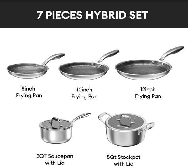 Hybrid Stainless Steel Cookware Set, 7Pcs Pots and Pans Set Non Stick | Non-Toxic, Induction Compatile, Oven and Dishwasher Safe, PFOA Free, Stay-Cool Handles6