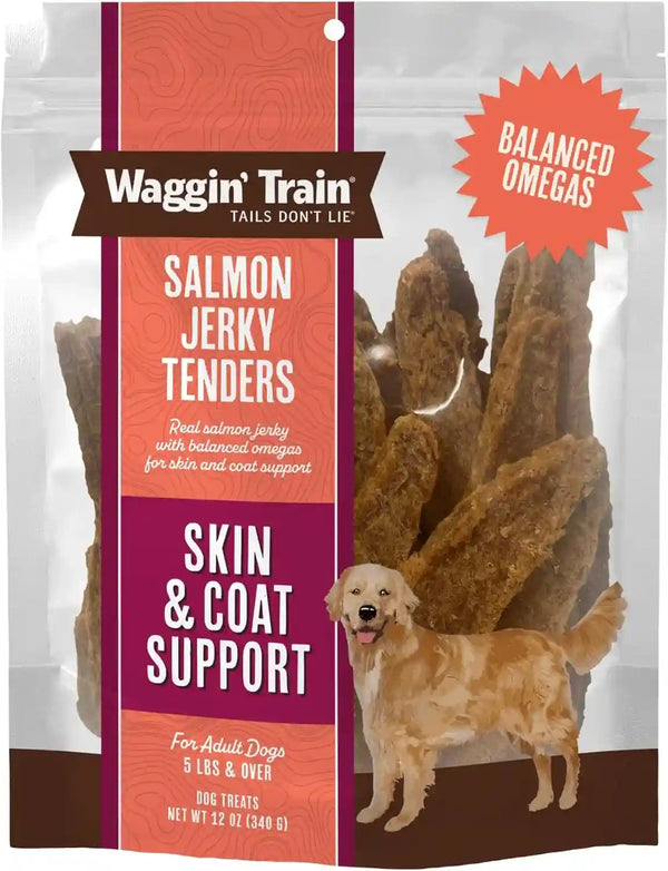 Waggin' Train Salmon Jerky Dog Treats for Skin and Coat Support, Made with 100% Real Salmon, No Grains and No Artificial Flavors or Colors, High Protein Dog Treat, Easily Digestible, 12 Oz. Pouch1