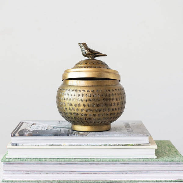 Round Hammered Metal Container with Bird Finial, Brass Finish8