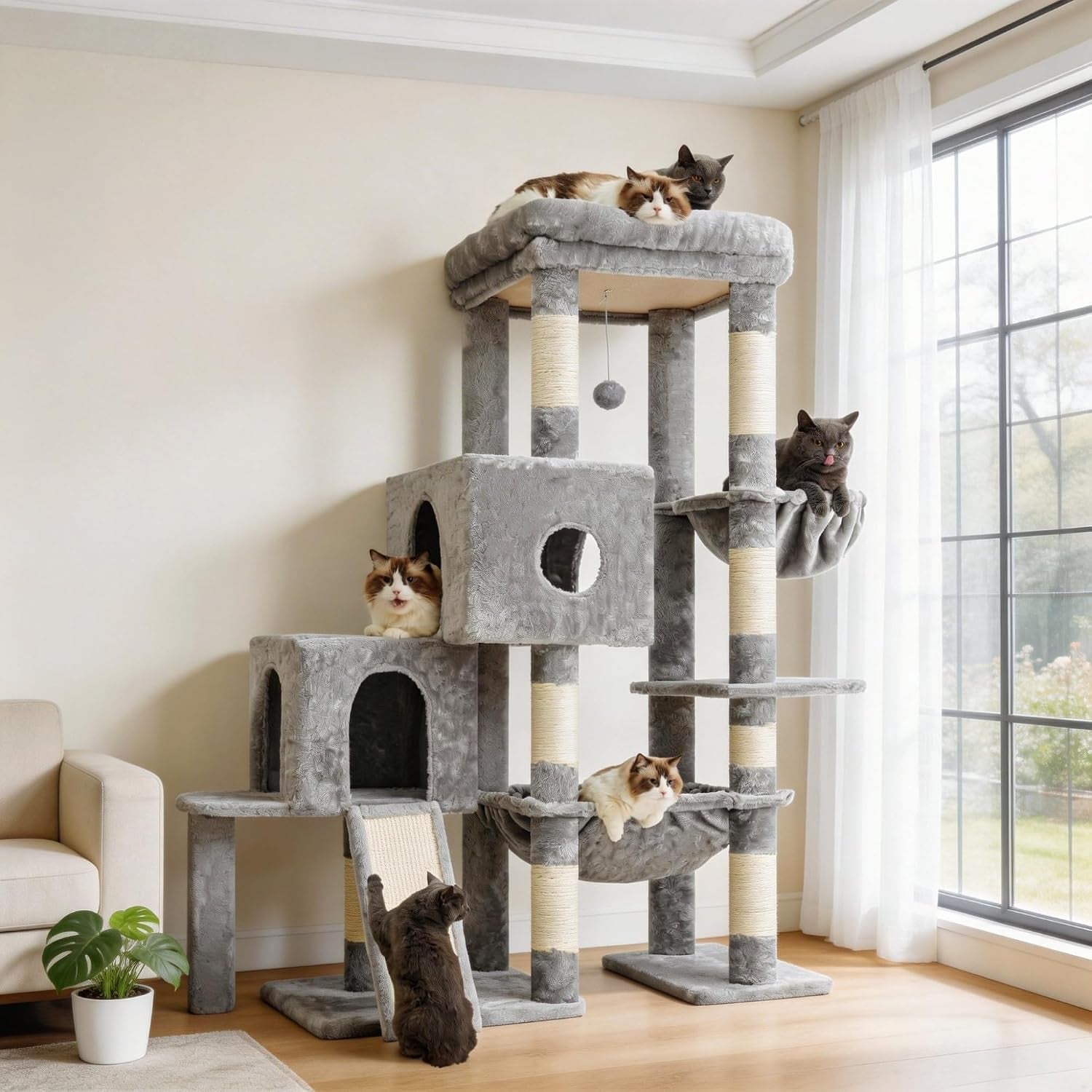 hey-brother-cat-tree-tower-with-3-condos-step-climbing-pathway-mpj081g-74-8-inches-scratching-post-with-3-house-hammock-large-basket-cozy-bed-sisal-board-toys-for-big-indoor-cats-smoky-gray
