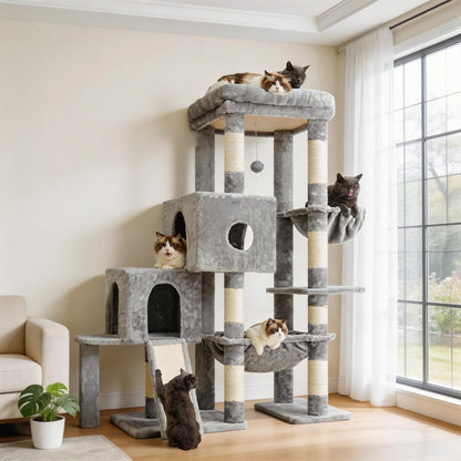 Hey-Brother Cat Tree Tower with 3 Condos, Step Climbing Pathway MPJ081G | 74.8 Inches Scratching Post with 3 House, Hammock, Large Basket, Cozy Bed, Sisal Board, Toys for Big Indoor Cats, Smoky Gray16