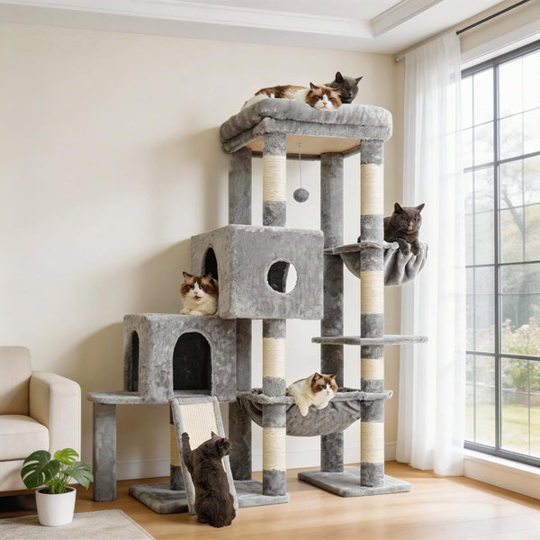 Hey-Brother Cat Tree Tower with 3 Condos, Step Climbing Pathway MPJ081G | 74.8 Inches Scratching Post with 3 House, Hammock, Large Basket, Cozy Bed, Sisal Board, Toys for Big Indoor Cats, Smoky Gray16