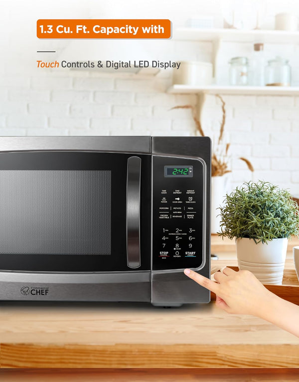 1.3 Cu. Ft. Countertop Microwave Oven, CHM13MS6, Stainless | Touch Controls with Digital LED Display, 1000W, 12.4” Turntable Plate, Push Button Door, 10 Power Levels6