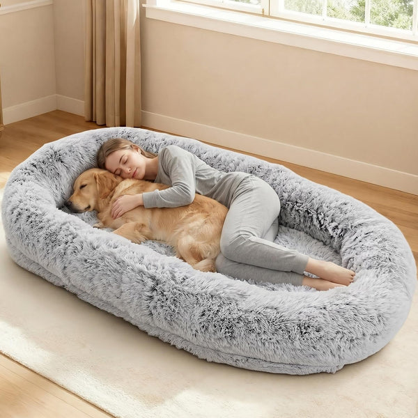 79"X44"X12.5" Human Dog Bed for Adult Faux Fur Washable Human Dog Bed Portable Handle, Egg Orthopedic Foam Human Bed Extra Large Grey1