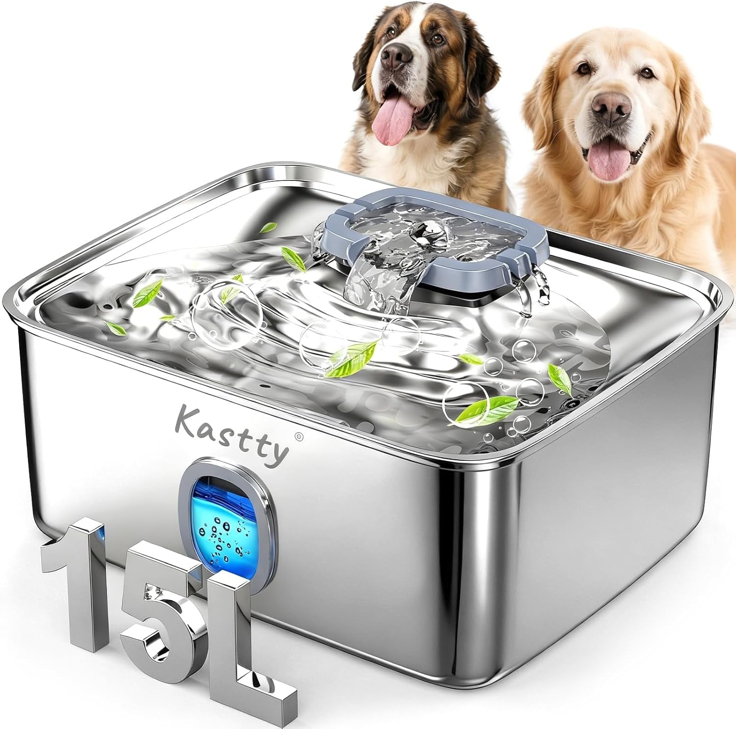 kastty-4-gal-15l-stainless-steel-dog-water-fountain-for-large-dogs-dog-water-bowl-dispenser-triple-filtration-ultra-quiet-automatic-pet-water-fountain-with-water-level-window-led-lightfs76