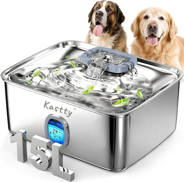 Kastty 4 Gal/15L Stainless Steel Dog Water Fountain for Large Dogs | Dog Water Bowl Dispenser Triple Filtration,Ultra Quiet Automatic Pet Water Fountain with Water Level Window&Led Light(Fs76)1