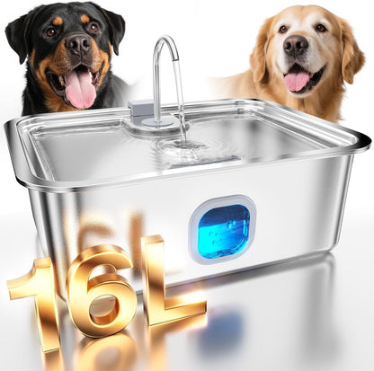 4.2Gal Dog Water Fountain for Large Dogs, 16L Stainless Steel Large Dog Fountain Water Bowl with Deeper & Wider Drinking Tray, Automatic Pet Water Dispenser with Visible Window for Multi-Pets Families1