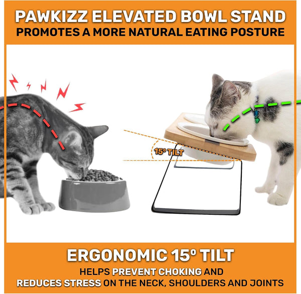 Elevated Cat Bowl Stand for Food and Water – Anti-Vomit Raised Feeding Station with Tilted Stand – Removable round Ceramic Bowls, anti Slip Bamboo Base, Dishes for Cats, Kitten, Small Dogs & Puppies2