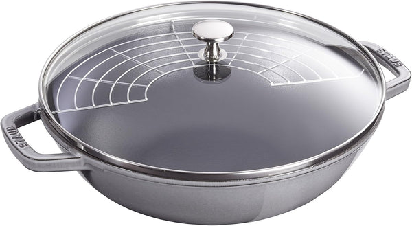 Staub Cast Iron Perfect Pan, Wok, Dutch Oven, 4.5-Quart, Serves 4-5, Made in France, Graphite Gray, Made in France1
