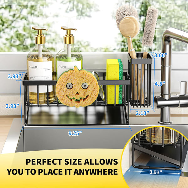 Kitchen Sink Caddy Organzier with High Brush Holder, Sponge Holder for Sink, 304 Rustproof Stainless, Kitchen Countertop Soap Dispenser Organizer (Black with Smiley Face Holder, 9.25″)2