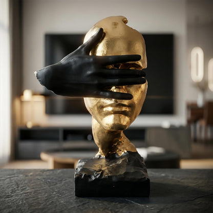 Office Desk Shelf Decor, See No Evil Gold Black Resin Bust | Modern Abstract Head Sculpture, Tabletop Accent, Mantel Table Display, Living Room Showpiece, 11.8 Inch Tall5