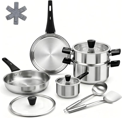 Stainless Steel Cookware Set, 14-Piece Pots and Pans Set, Kitchen Cookware Set with Stay-Cool Handle, Non-Toxic, Dishwasher Safe & Compatible with All Stovetops (Gas, Electric & Induction)1