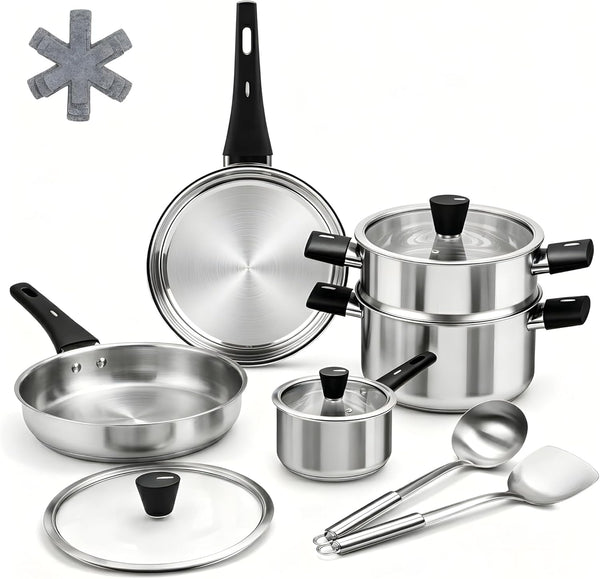 Stainless Steel Cookware Set, 14-Piece Pots and Pans Set, Kitchen Cookware Set with Stay-Cool Handle, Non-Toxic, Dishwasher Safe & Compatible with All Stovetops (Gas, Electric & Induction)1