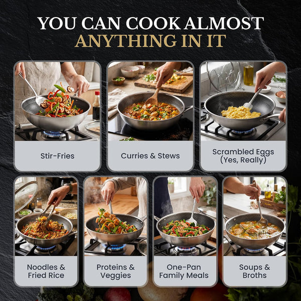 ® 11" Honeycomb Stainless Steel Wok with Lid, Nonstick, Induction Safe | Heavy-Duty Stir Fry Pan, Induction Compatible & Even Heat Distribution, Pfoa-Free Non Toxic Cookware, Oven & Dishwasher Safe4
