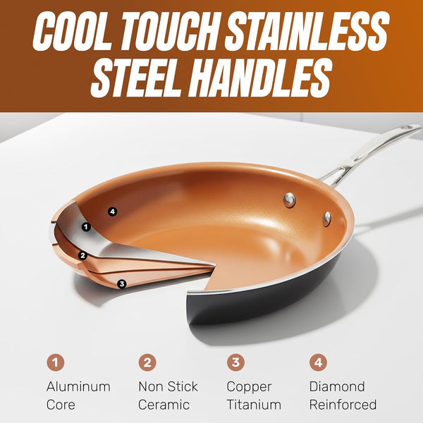 12 Pc Ceramic Cookware Set Nonstick, Ceramic Pots and Pans Set Non Stick with Steamer for Cooking, Non Toxic PFOA PFOS Free, Ergonomic Stay Cool Handles, Oven & Dishwasher Safe, Copper | Non Toxic PFOA/PFOS/PTFE Free Ceramic & Titanium Coating, Stay Cool Stainless Steel Handles, Dishwasher & Oven Safe, Copper6