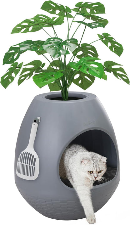 Eggloa6 Hidden Cat Litter Box with Artificial Plants ＆ Odor Removal System, Egg-Shaped Enclosure Includes Scoop ＆3PCS Liners Secret, Discreet Furniture, DIY Assembly Cat Litter Box Cabinet (Brown)15