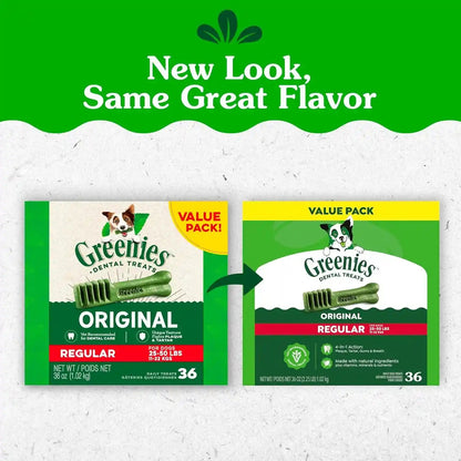 Greenies Regular Dental Dog Treats, Original Chicken Flavor, 36 Count | Clinically-Proven, Veterinarian-Recommended, 47% Less Tartar & 40% Less Plaque in 28 Days, for Dogs 25-50 Lbs, 36 Oz. Pack2