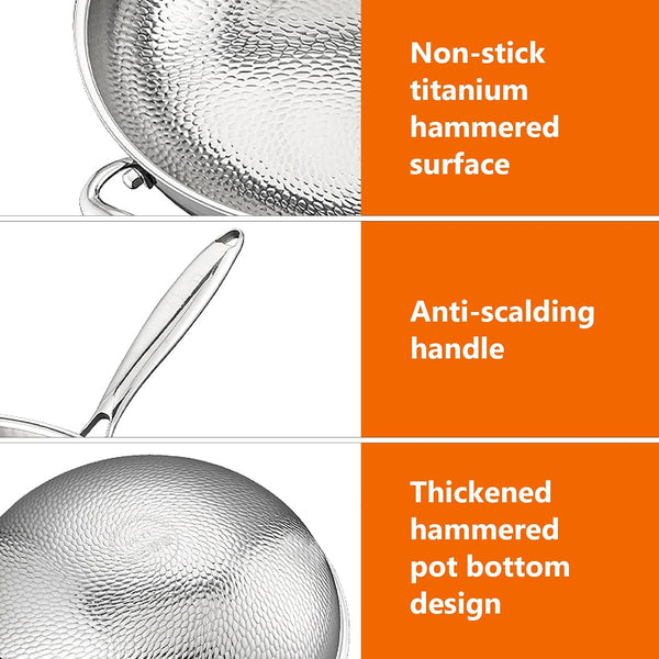 Titanium Hammered Pan Pro, 2026 Upgrade Double-Side Hammered Wok, Frying Pans Nonstick, Durable Scratch-Resistant Non Stick Titanium Pans for Cooking,No Lid,14.17In8