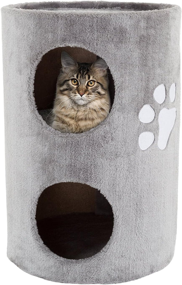 20.5-Inch Cat Condo - 2 Story Cat House with Sisal Scratch Pad, Barrel Shaped Pet House Covered in Soft Fabric by PETMAKER (Gray)1