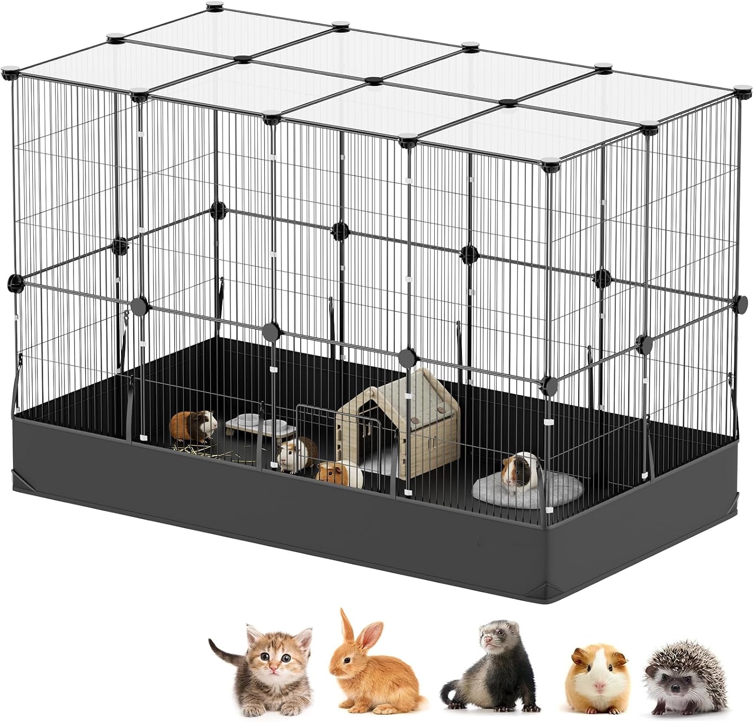 tresbro-guinea-pig-cage-with-top-cover-12-panels-triple-fixing-measures-small-animal-playpen-with-waterproof-pvc-liner-one-motion-hooks-48-x-24-x-16-c-c-grids-cage-for-bunny-hedgehog-hamster