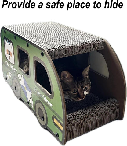 Cat Scratching House, Cat Cardboard House Green Bus, Long Scratching Post, 9X11.8X22 Inches, Fun Cube & Tunnel, Peekaboo Hideaway for Indoor Cats2