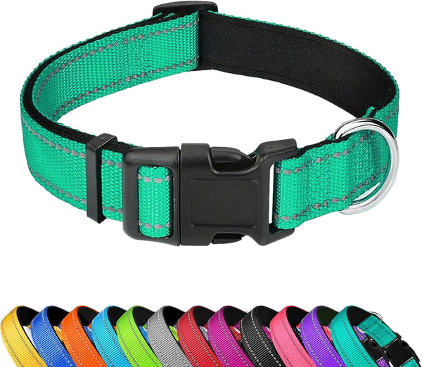 Reflective Dog Collar, Adjustable Soft Neoprene Padded,Teal,M | Breathable Nylon for Medium Dogs,Tear-Resistant Webbing,Chafe‑Free on Walks and Hikes,Metal D-Ring,Night Safety17