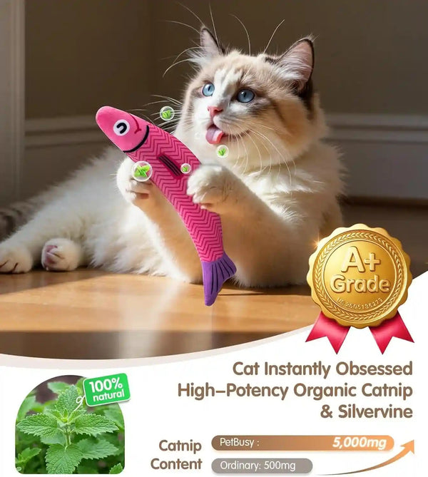 Petbusy Cat Toys With[5000Mg A+Natural Catnip &Silvervine] [Baby Grade] Interactive Soft Chew Kicker Cat Toys for Indoor Cats & Kittens, [Crinkle &Bell] Fish Sound Toy, Drives Bored Cat Crazy with Fun3