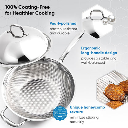 Honeycomb 3Ply Stainless Steel Wok Pan 11 Inch/28Cm with Lid Flat Bottom - Coating-Free Non-Stick Stir Fry Pan - Advanced, Scratch-Resistant Design with Stay-Cool Long Handle2