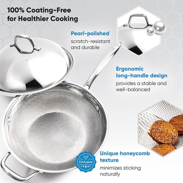 Honeycomb 3Ply Stainless Steel Wok Pan 11 Inch/28Cm with Lid Flat Bottom - Coating-Free Non-Stick Stir Fry Pan - Advanced, Scratch-Resistant Design with Stay-Cool Long Handle2