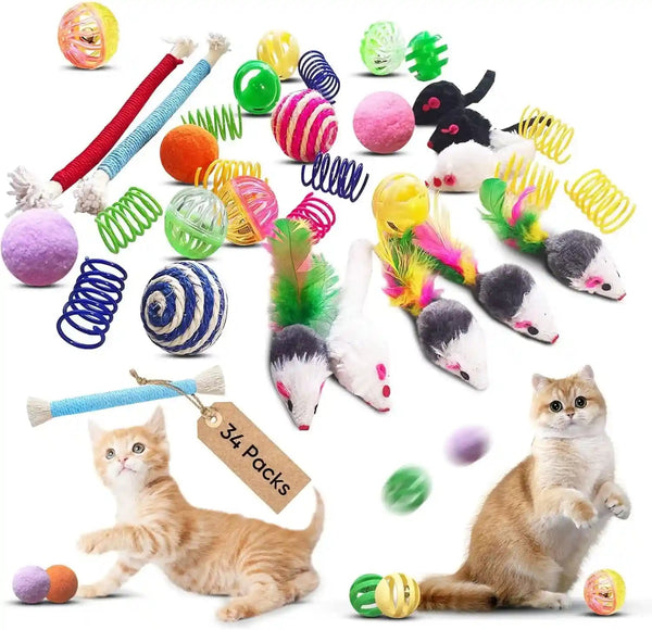 Cat Toys for Indoor Cats, 34 Pack Interactive Cat Toy Set for Kitten | Kitten Toys Variety Pack with Chew Toy, Spring, Mouse & Ball, Ideal for Enrichment, Boredom Relief and Self Play, Toy Bulk1