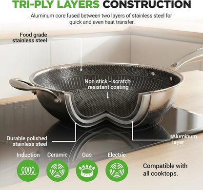 12" Stainless Steel Durable Wok - Triply Kitchenware Wok with Glass Lid, Side Handle - DAKIN Etching Non-Stick Coating, Scratch-Resistant Raised-Up Honeycomb Fire Textured Pattern7