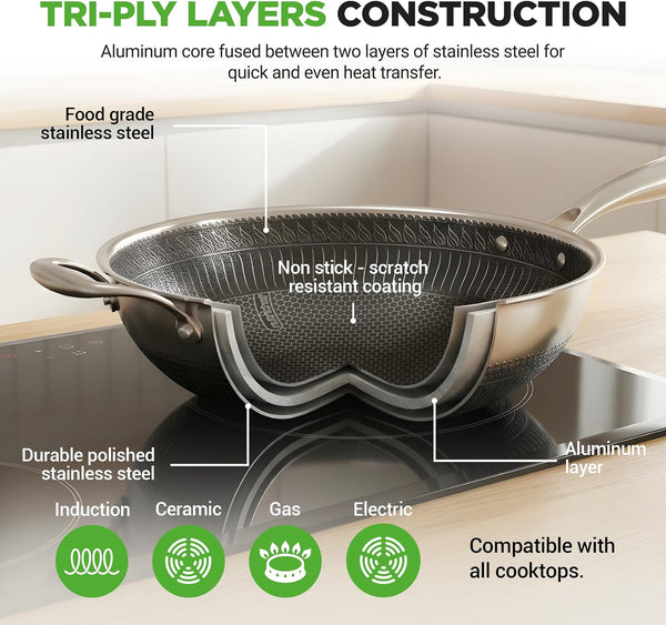 12" Stainless Steel Durable Wok - Triply Kitchenware Wok with Glass Lid, Side Handle - DAKIN Etching Non-Stick Coating, Scratch-Resistant Raised-Up Honeycomb Fire Textured Pattern7