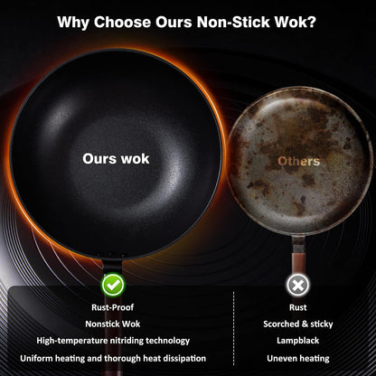 Carbon Steel Wok, 13" Woks & Stir-Fry Pans Nonstick with Glass Lid | Pre-Seasoned Flat Bottom Chinese Wok, Wok Pan with Spatula and Dish Brush for Induction, Electric, Gas, All Stoves6