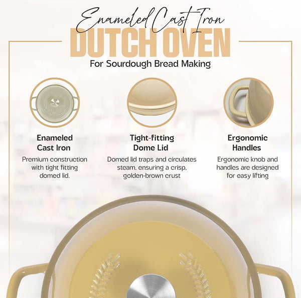 Enameled Cast Iron Dutch Oven Pot with Lid - Dutch Oven for Sourdough Bread Baking - with 5 Blade Bread Lame & Non-Stick Silicone Sling Perfect for Sourdough Breads & More. Cast Iton Enamel Braiser Pan with Lid (WHITE, 6 Quart Sourdough Pot)4