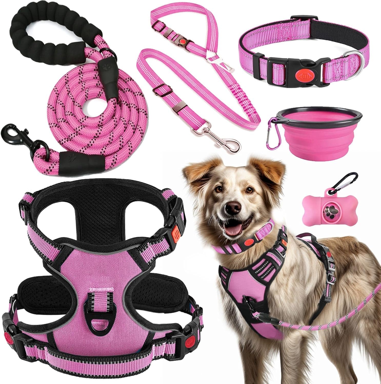 lobeve-no-pull-dog-harness-collar-leash-set-includes-dog-seat-belt-collapsible-bowls-poop-bag-dispenser-ideal-for-training-walking-hiking-fits-small-to-large-dogspink-l