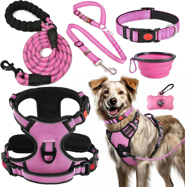 LOBEVE No Pull Dog Harness, Collar & Leash Set | Includes Dog Seat Belt, Collapsible Bowls & Poop Bag Dispenser. Ideal for Training, Walking, Hiking. Fits Small to Large Dogs(Pink-L)1
