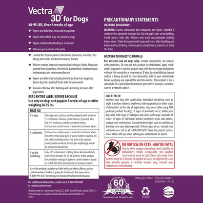 Vectra 3D Flea and Tick Prevention for Large Dogs 56–95 Lbs, 3‑Month | Kills and Repels Fleas, Ticks & Mosquitoes | Fast‑Acting, Waterproof, No Prescription Needed2