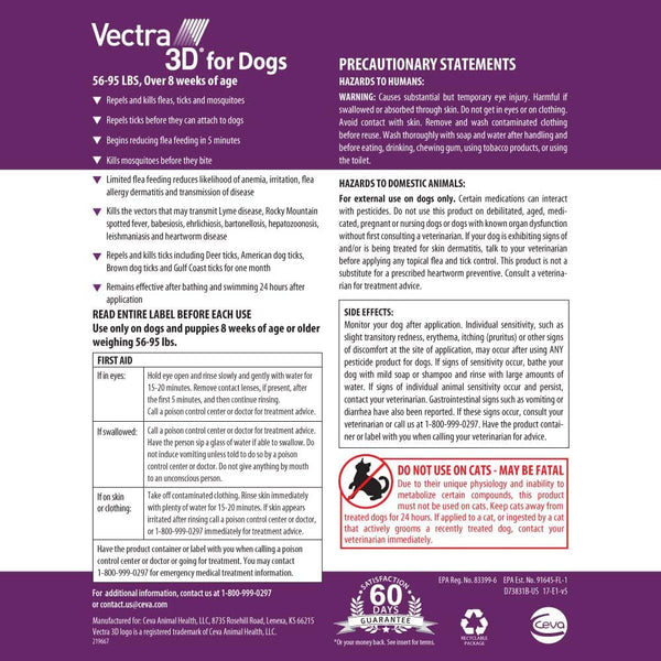 Vectra 3D Flea and Tick Prevention for Large Dogs 56–95 Lbs, 3‑Month | Kills and Repels Fleas, Ticks & Mosquitoes | Fast‑Acting, Waterproof, No Prescription Needed2