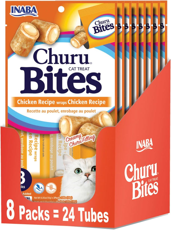 INABA Churu Bites for Cats, Soft/Chewy Baked Chicken Wrapped Churu Filled Cat Treats with Vitamin E, 0.35 Ounces per Tube, 24 Tubes Total (3 Tubes per Pack), Chicken Recipe1