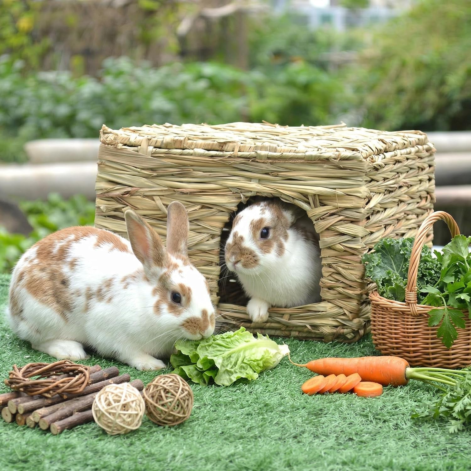 wuweot-2-pack-large-grass-bunny-house-foldable-rabbit-hut-play-hideaway-bed-hay-mat-chew-toy-for-rabbit-guinea-pigs-gerbils-hamster-and-small-animals-11x8x8