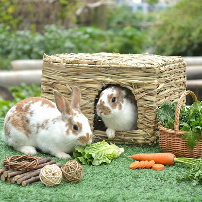 WUWEOT 2 Pack Large Grass Bunny House, Foldable Rabbit Hut, Play Hideaway Bed Hay Mat Chew Toy for Rabbit, Guinea Pigs, Gerbils, Hamster and Small Animals, 11"X8"X8"8