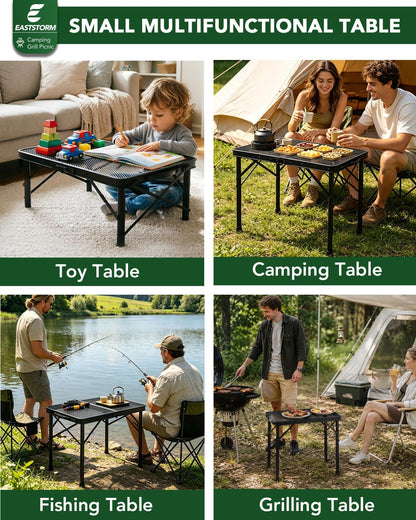2 Ft Folding Camping Table, Adjustable Height 10.6-22 In, Small Grill Table | Black Metal Mesh,23.6 X 15.8 In,Portable & Compact for Outdoor,Indoor,Picnic,Bbq,Tailgating, with Carry Handle,66 Lb Capacity8