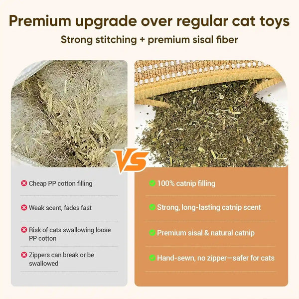 Sisal Catnip Pillow Toy Kickers, 2 Pack Interactive Catnip Toys with Organic 8000Mg Herbal Blend for Indoor Scratching, Chewing & Teething, Fun for Kittens and Adult Cats6