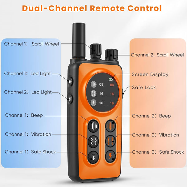 Dog Shock Collar 2 Dogs, 3300Ft Dog Training Collar with Remote, Real-Time Dual-Channel Remote with 3 Training Modes, Beep, Vibration, Safety Shock, Light, Fits 8-120 Lbs All Breeds Sizes - Orange8