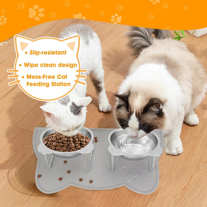 Elevated Cat Bowls, 2 Pack Raised Cat Food Water Bowls with Non-Slip Placemat, 15° Tilted Stand anti Vomiting Stainless Steel Pet Food Feeding Dishes Plate for Cats Kitten Puppies Dogs Small Animals6