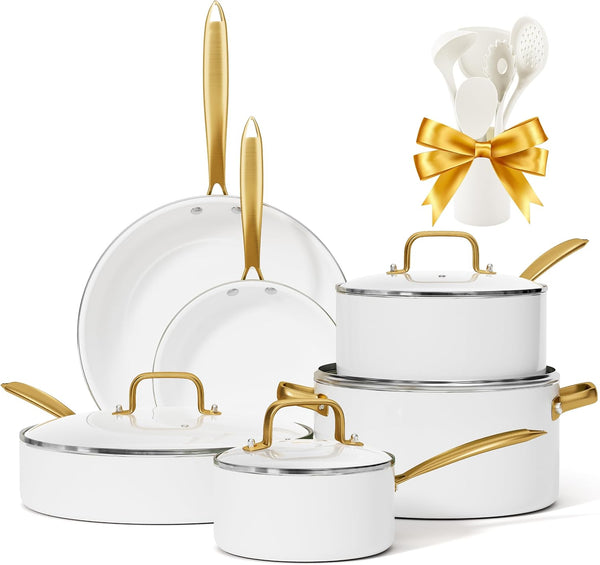 Ceramic Cookware Set 16 Pcs Pots and Pans Set Non Stick | Cookware Sets with Cooking Utensils Set, Non Toxic Cookware Set White Gold Pan Set for Cooking Pot Oven & Dishwasher Safe1