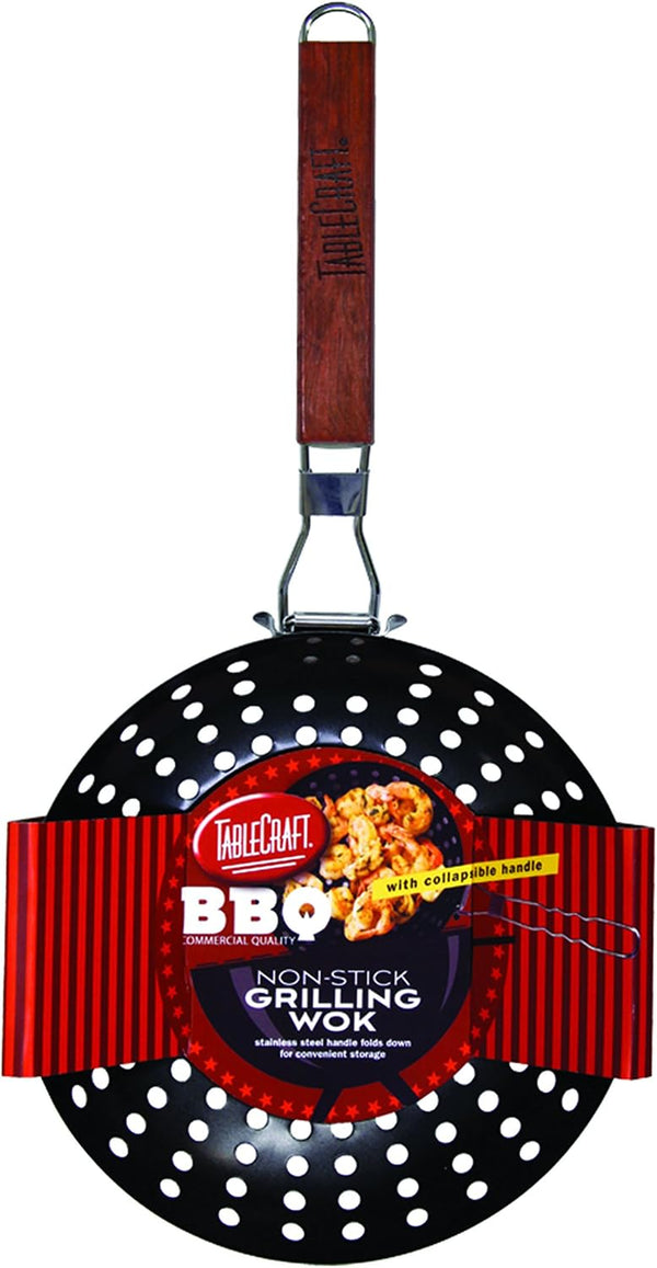 BBQ Nonstick Grill Wok with Wood Handle, Small, Steel1